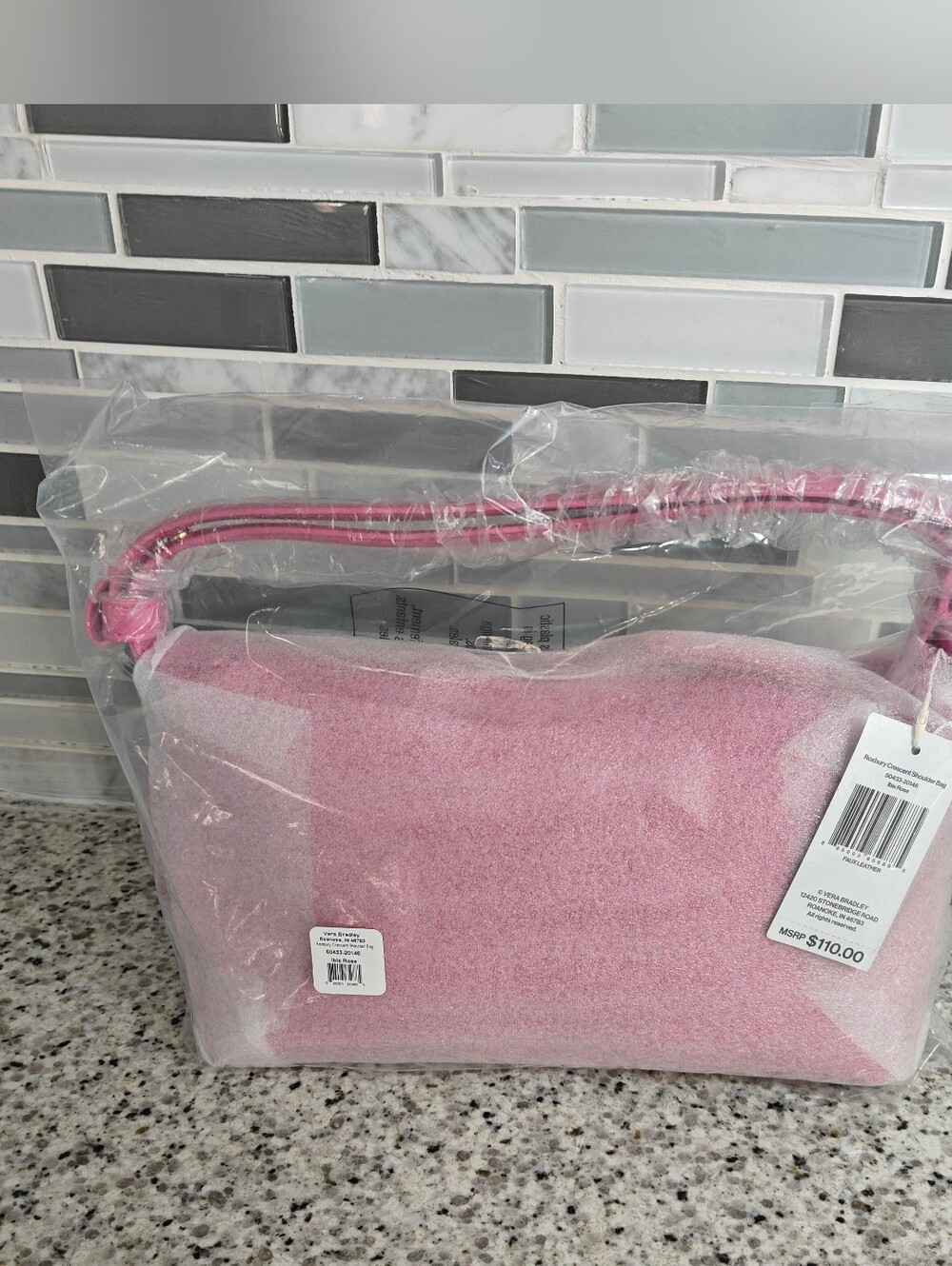 Vera Bradley Roxbury Crescent Shoulder Bag, Ibis Rose pink, patent faux leather